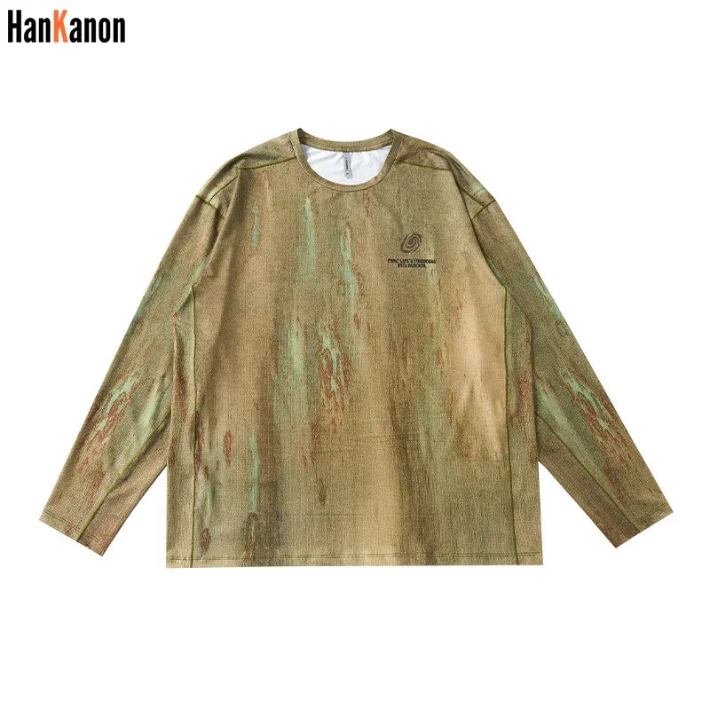 Men's Wasteland Style Long Sleeve T-Shirt - Distressed Digital Print & Loose Elastic Fit Casual Top Unisex