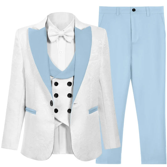 New Jacquard Sky Blue Suit Set 4 Pieces For Kids Birthday Party Boys Slim Fit Tuxedo Wedding Ring Bearer Outfit Handsome Suits