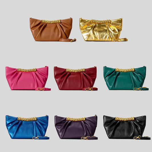 Elegant Ruched Hobos Clucth Bag Luxury Designer Metal Handle Women Handbags Soft Pu Leather Shoulder Crossbody Bags Party Purses