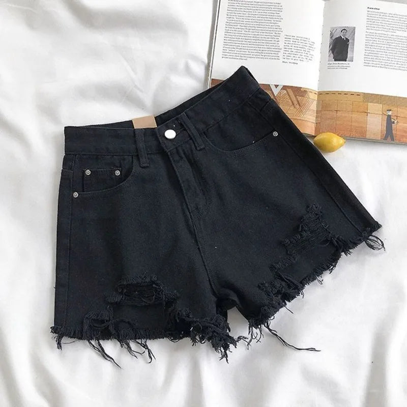 Korean Denim Holes Shorts For Women Fashion High WaistWide Leg Short Jeans Female Designer Casual Street Short 2025 New Trend