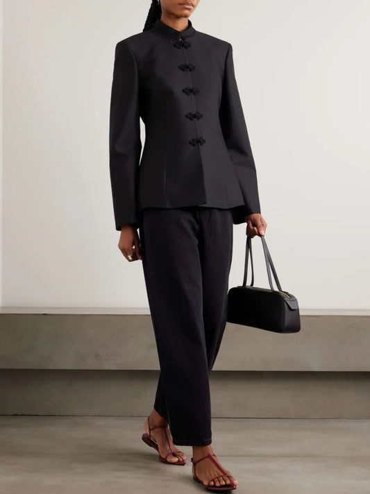 Women's Spring Summer Mandarin Collar Knot Button Fitted Blazer Elegant Office Casual 2026 Trendy Feminine Fashion Coat