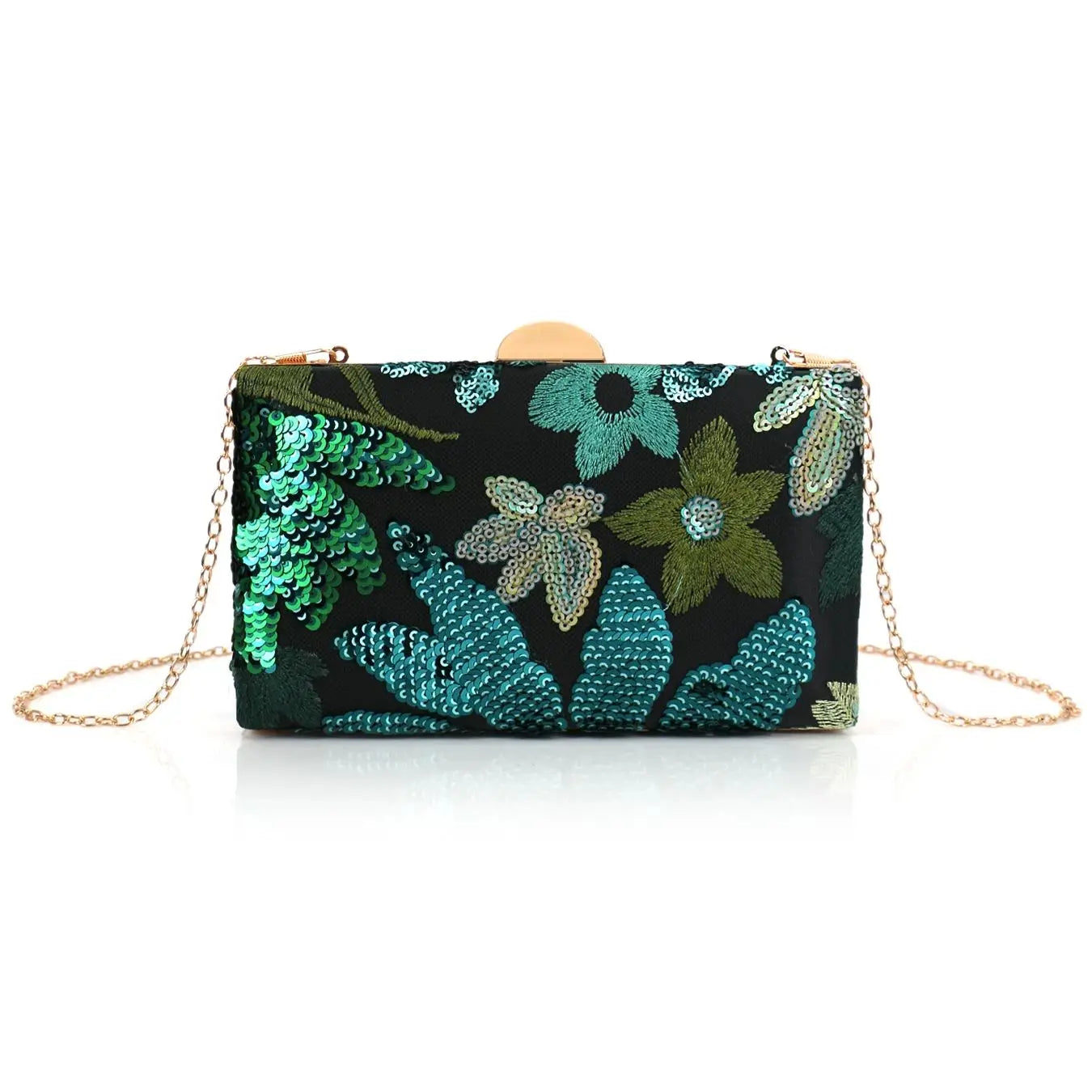 Green Sequin Embroidered Floral Evening Bag Ladies Square Box Bag Unique Pattern Glittering Party Wedding Dance Suitable