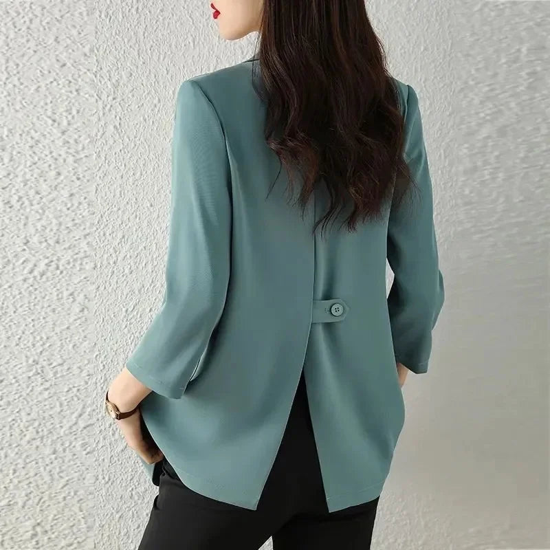 Women Solid Blazers Coat Fashion Slim Suits Female Casual Three-Quarter Sleeve Chic Tops Thin Office Lady Blazer Spring Summer