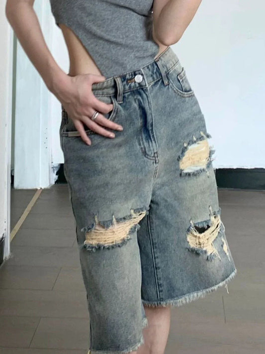 Y2K American Retro High Street Hip Hop Loose Straight Cut Shorts Women's Five-Point Pants Style Mid-Calf Shorts with Hole