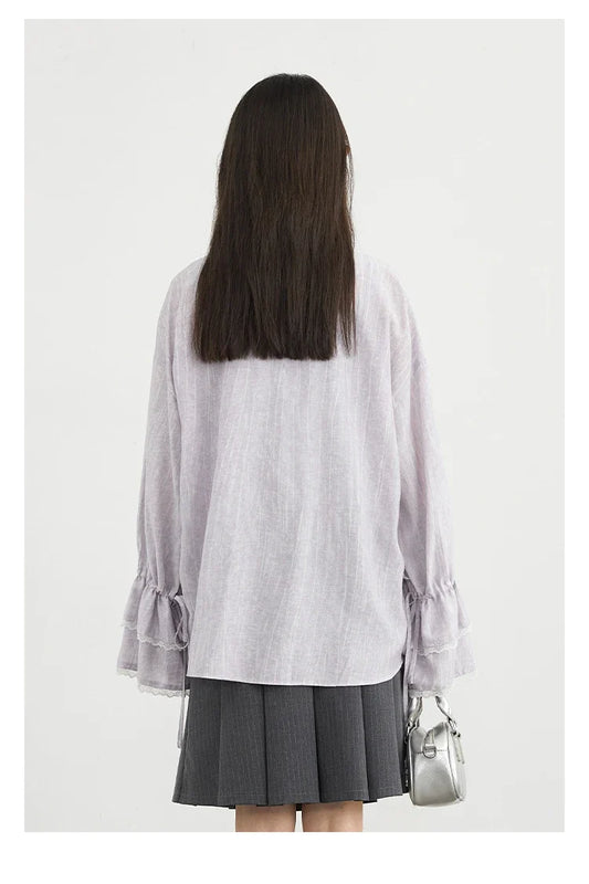 Women Shirt Single Breasted V-neck Loose Casual Long Sleeve New Stand Up Collar Coat Female Blouse Spring Autumn 2025