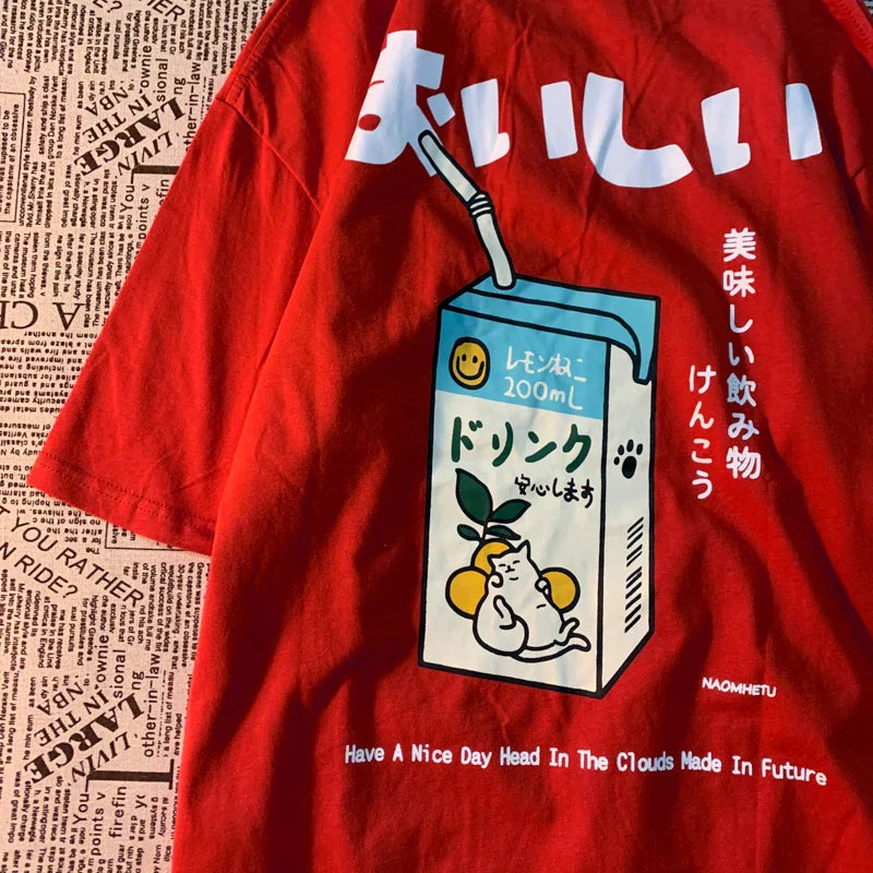 Cute Japanese Cat Print Plus Size T-shirt Women Summer Short Sleeve Loose Casual Tee Shirt Streetwear Cotton Harajuku Clothing