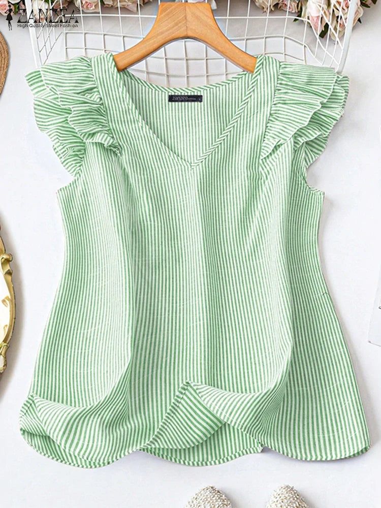 Stylish Women Tanks Tops 2025 ZANZEA Summer Striped Blouses Elegant V Neck Office Work Shirt Casual Sleeveless OL Blusas Mujer