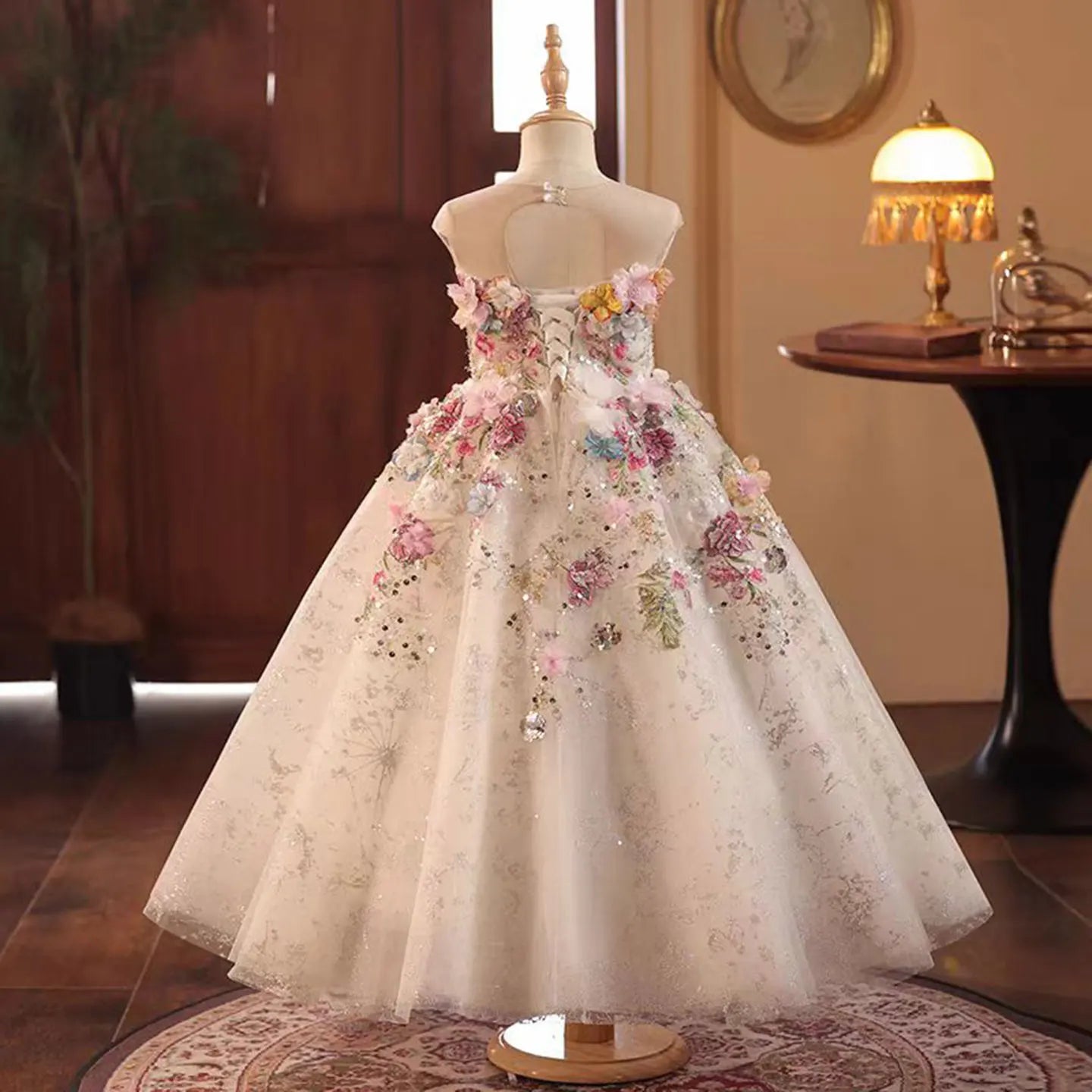J292 Floral Luxury Long Handmade Flowers Beads Girl Dress for Princess Wedding Birthday Party Gowns vestidos de novia