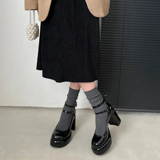 2024High Heels Women's Spring Autumn Pumps Shoes Red Black Retro Thick Soled Jane Ankle Buckle 9cm Chunky