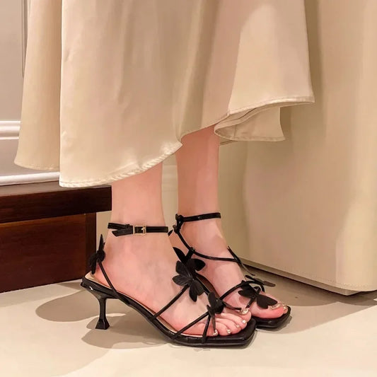 2025 Summer Butterfly Women's High Heel Sandals Square Toe Buckle Casual Shoes Elegant Stiletto Heel Ankle Strap Party