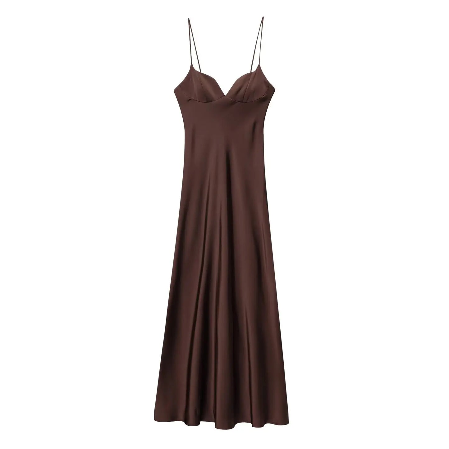 2025 Women Red V-Neck Holiday Style Satin Texture Long Dress Sleeveless Summer Women's Back Zipper Fashion Sling Dresses