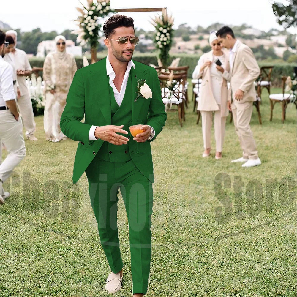 Summer Linen Men Suits 3 Piece Chic Single Breasted Peak Lapel Outfits Fashion Daily Casual Slim Groom Wedding Party Tuxedo