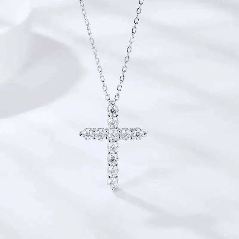 Full Moissanite Cross Pendant Original Sterg Sliver Chain Plated White Gold Fine Necklace For Women Jewelry