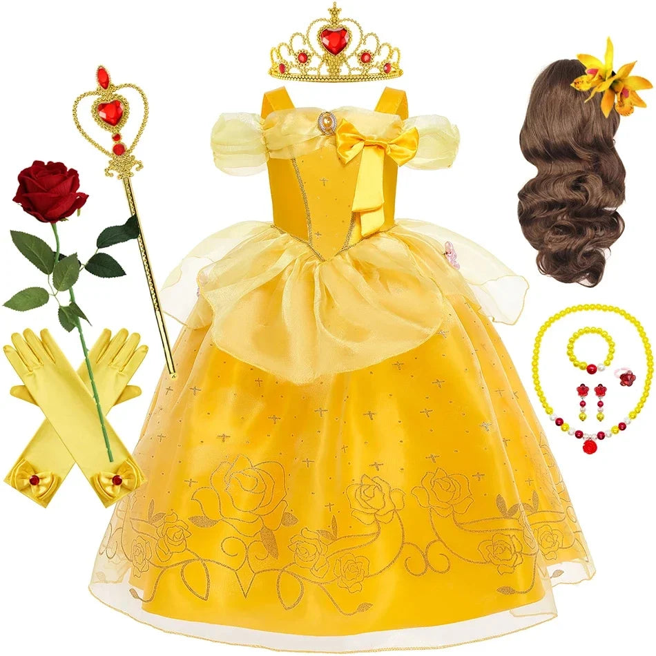Beauty Belle Princess Cosplay Dress Girl Yellow Floral Off Shoulder Mesh Kid LED Light Halloween Costume Birthday Surprise Gift