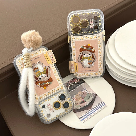 Cute Embroidery Scarf Rabbit Yellow Flower Artificial Leather Plush Ball Lanyard Phone Cover Case for iPhone 17 16 15 14 Pro Max