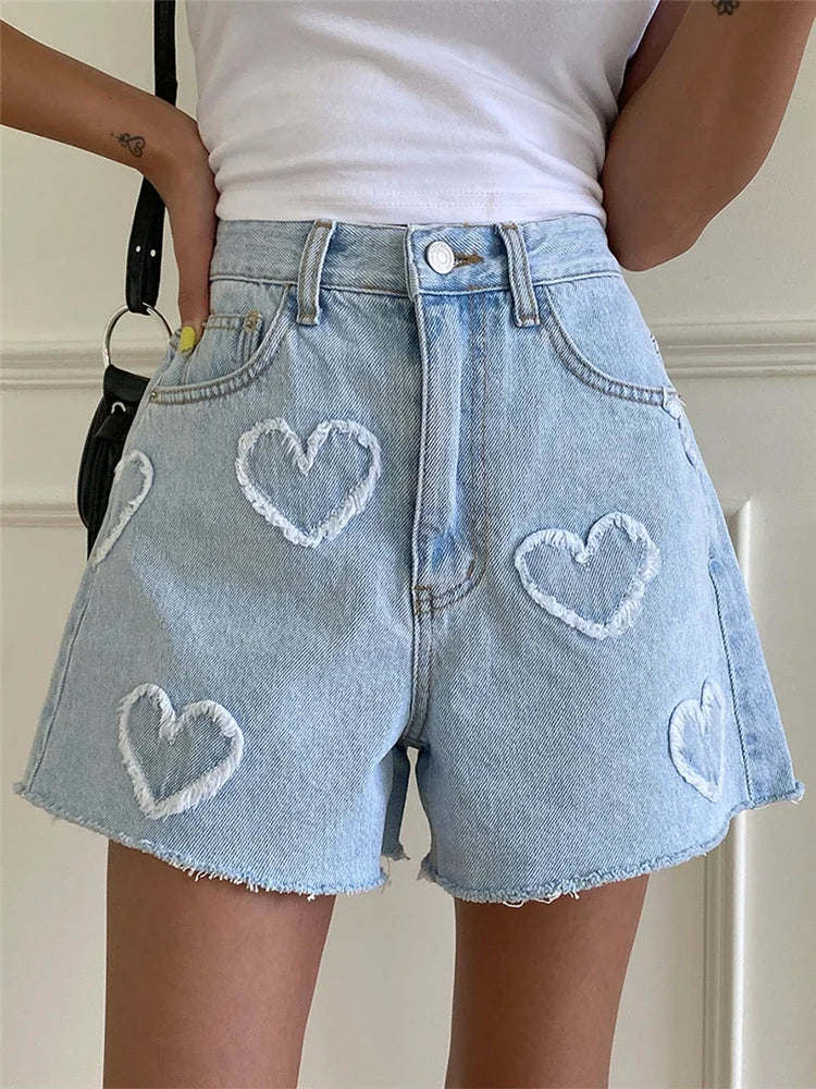 High Waist Washed LOVE Printed Women's Denim Shorts 2024 New Spring Summer Casual Jeans Chic Straight Pants Female