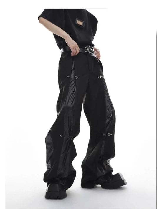 Mens Trousers Harajuku Deconstructed Streetwear Metal Buckle Suit Pants Leather Patchwork Straight Leg Loose Fit Draped Casual