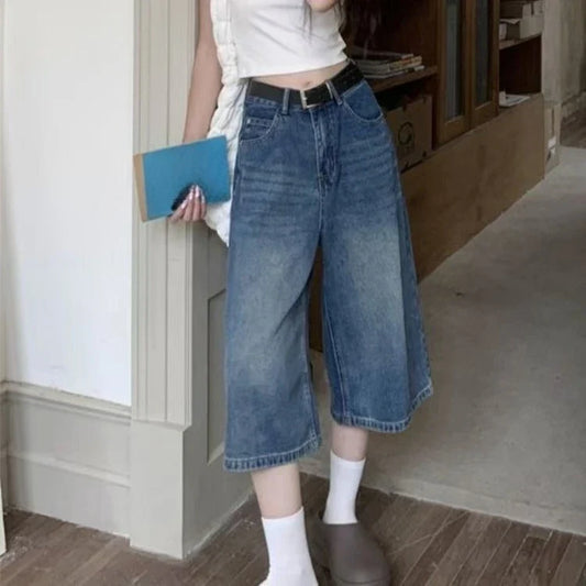 2026 Y2k Retro Women Low Rise Jorts Brushed Black Wash Cropped Baggy Jeans Wide Leg Frayed Denim Short Pants Fashion