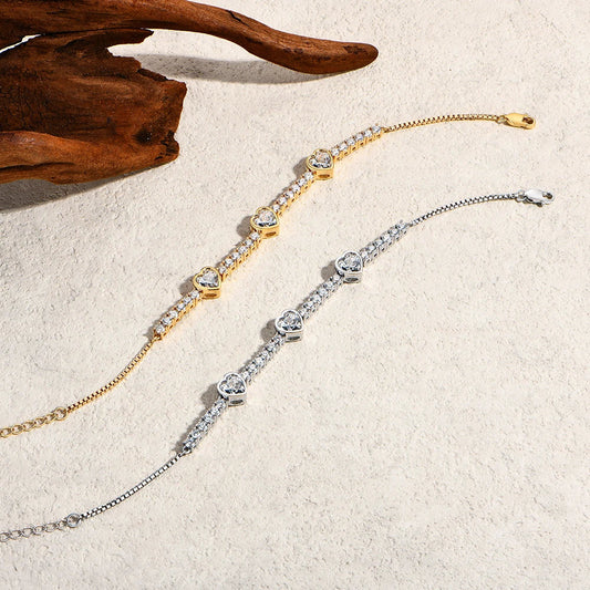 Bracelet Femme en Moissanite en Forme de Cœur, Argent Sterling 925, Chaîne de Tennis Réglable, Plaqué Or, Bijoux Fins Tendance