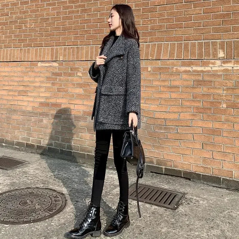 Blazer Woman Jacket Black Dress Wool & Blend Clothes Over Outerwears Long Coats for Women Slim Plaid Tweed Warm Velvet Check
