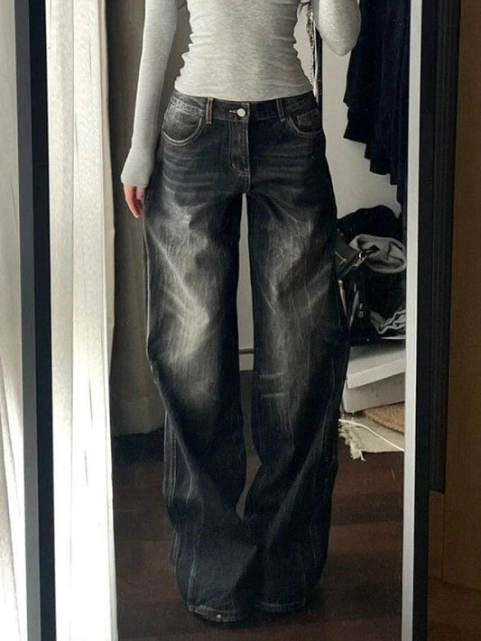 2025 Autumn Winter Women's Black Denim Pants Low Rise Y2K Baggy Jean Japanese Dark Academia Cowboy Harajuku Grunge Stacked Jeans