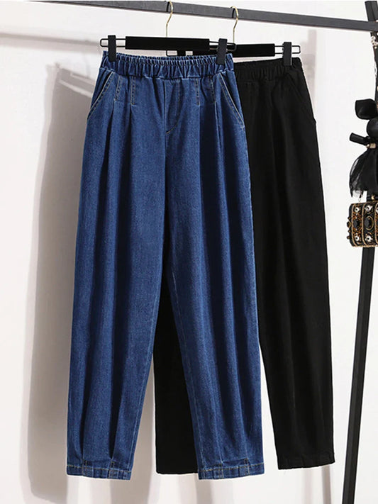 New 2024 Autumn Plus Size Jeans For Women High Elastic Waist Loose Blue Black Color Jeans Trousers Korean Fashion Casual Pants