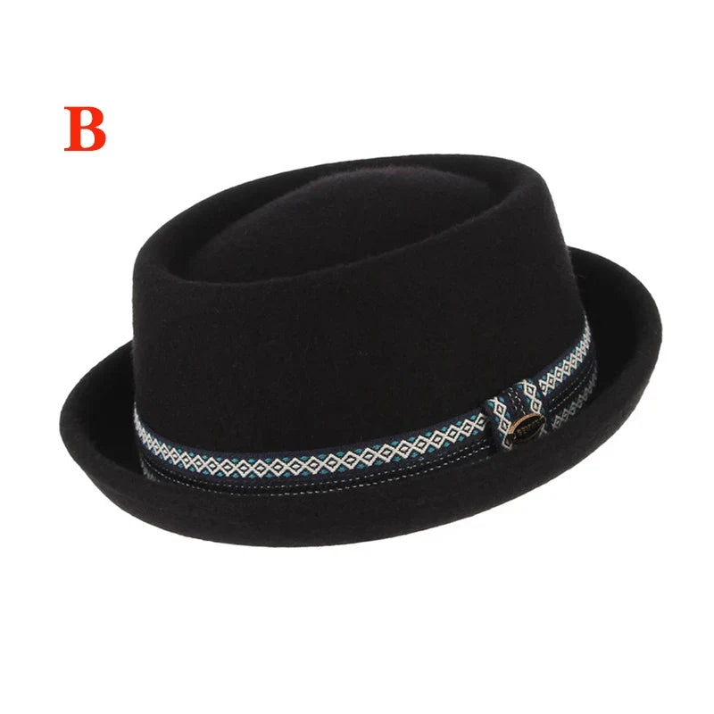100% Wool Pork Pie Fedora Hat for Women Men Autumn Winter Felt Curved Brim Porkpie Hat