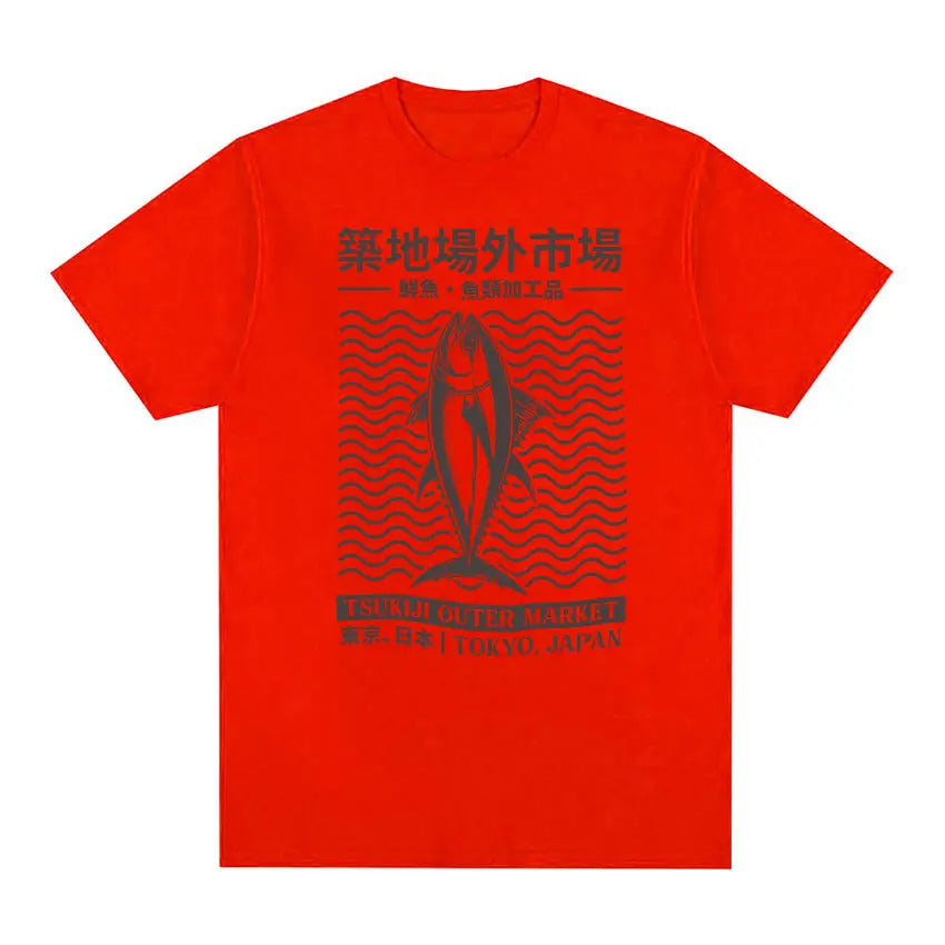 Tokyo Japan Tsukiji Outep Market Funny Meme T Shirts Japanese Fish Retro Harajuku T-shirt Men's Oversized Cotton Tees Streetwear