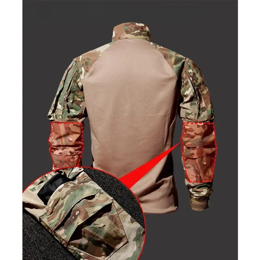 Autumn Tactical Sets Men Outdoor Breathable Short Sleeve Tshirt+Waterproof Straight Pant 2 Pcs Suits Camo Multi-pocket Cargo Set