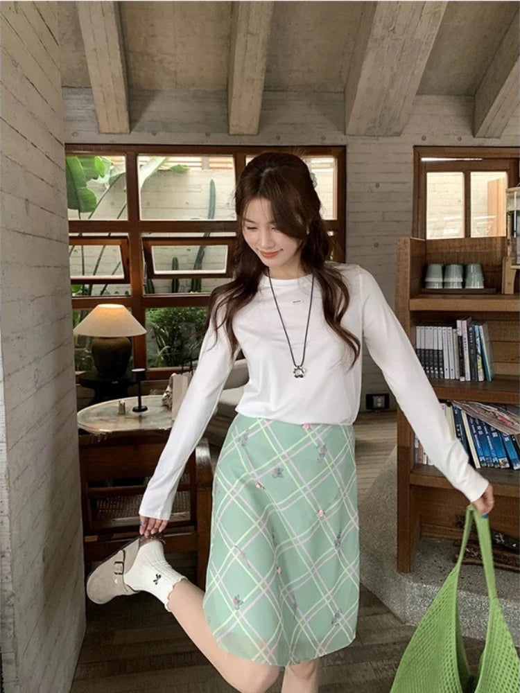 Sweet Elegant Floral Skirt Women Korean Style Vintage Green Plaid Skirts Y2k Harajuku Summer Fashion Mesh Mid Skirts