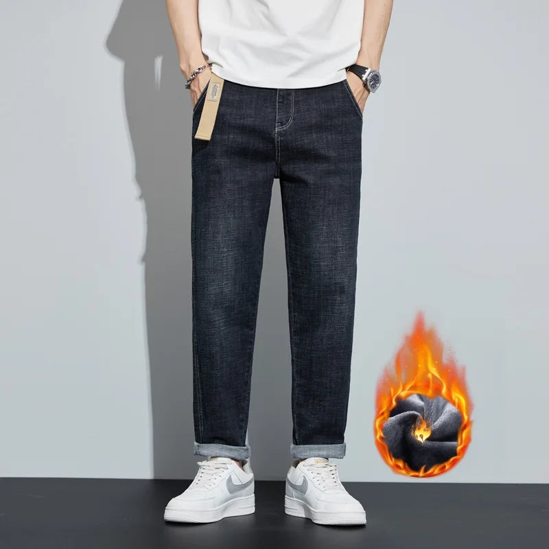Winter Dark Blue Fleece Jeans for Men Black Loose Straight Casual Trendy Comfortable Versatile Youth Thickened Harem Pants Blue
