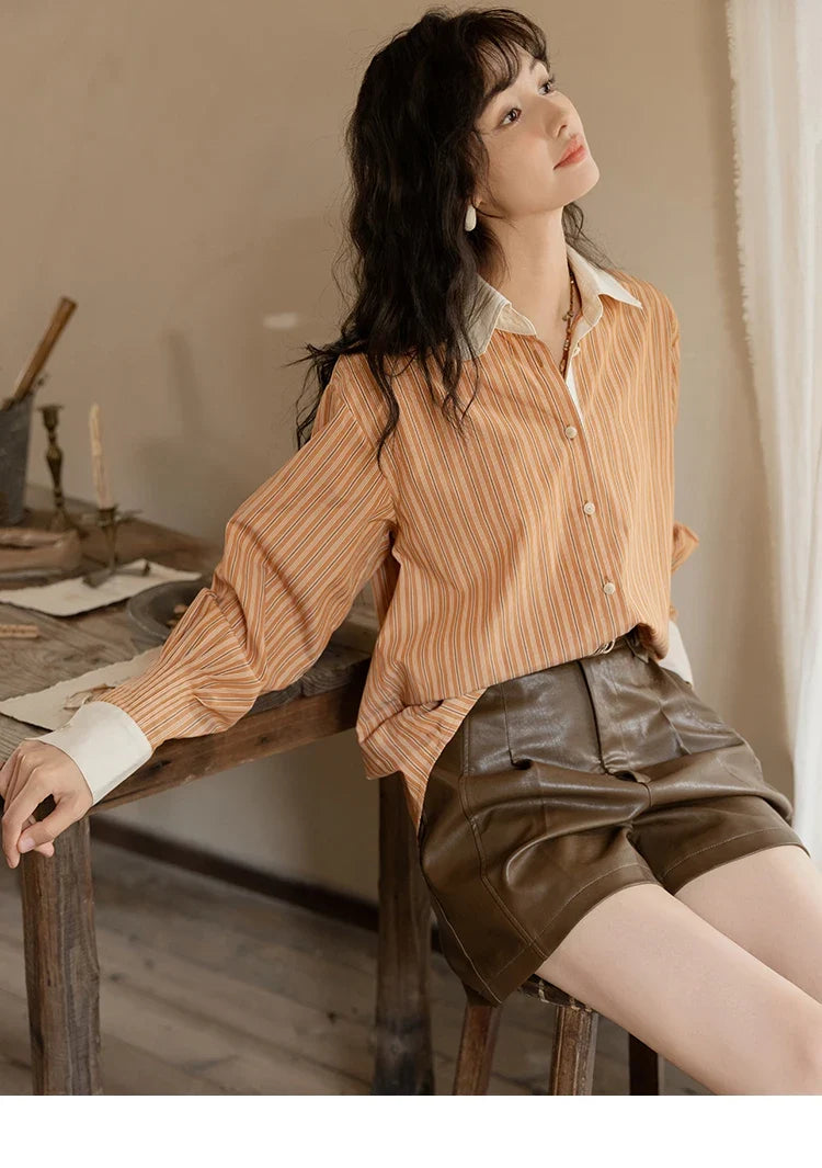 Loose Striped Shirt for Women Autumn 2025 Contrasting Lapel Top Single Breasted Patchwork Shirts Office Lady MXD41C0286