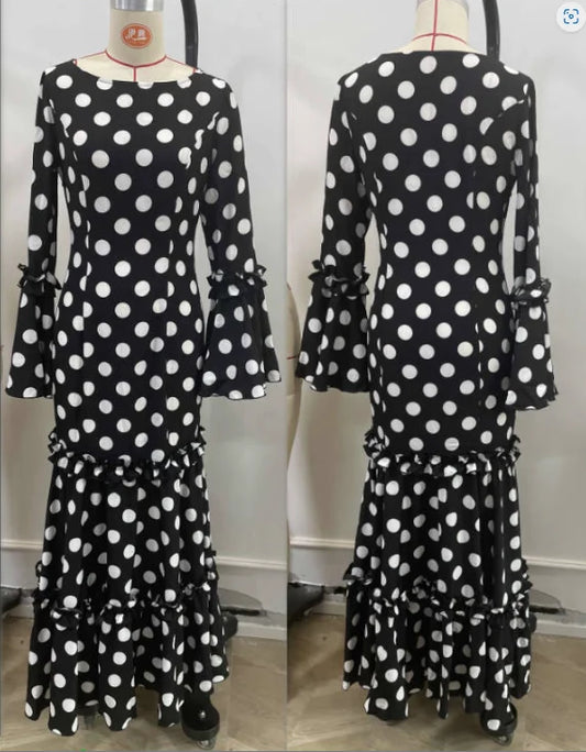 Elegant Ladies Dress Fashionable Trumpet Sleeves Polka Dot Decoration Cascading Ruffle Hem Sexy Fishtail Ladies Evening Dress