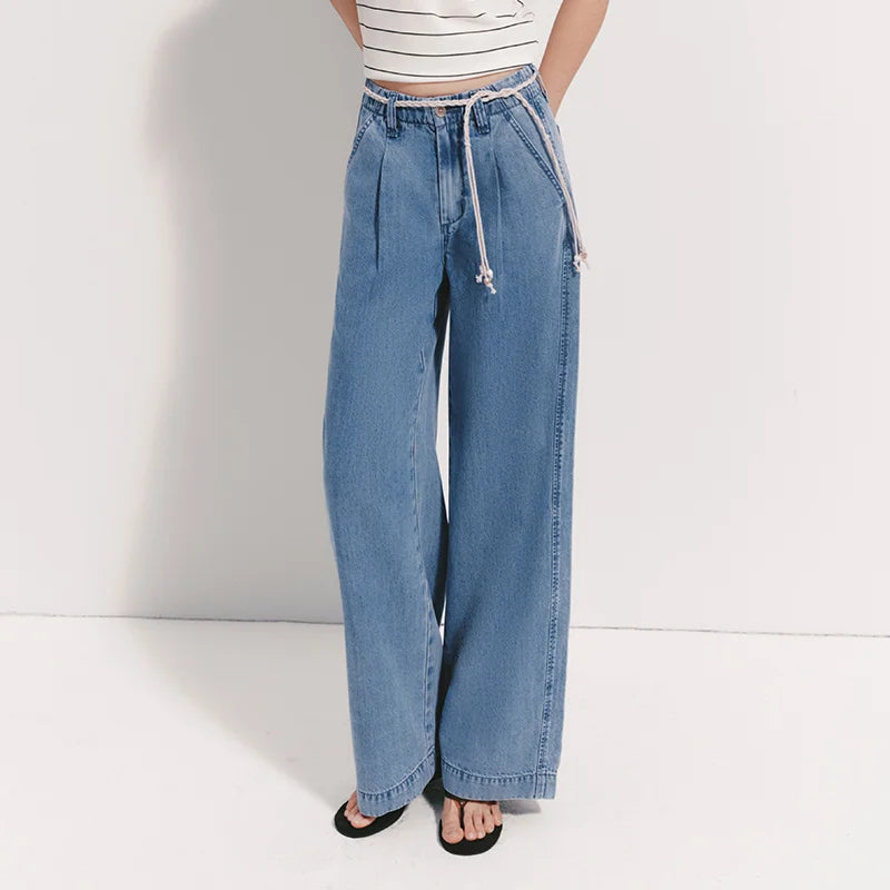 Women Jeans Soft Cool Belted Loose Wide Leg Denim Pants 2026 Summer Casual Daily