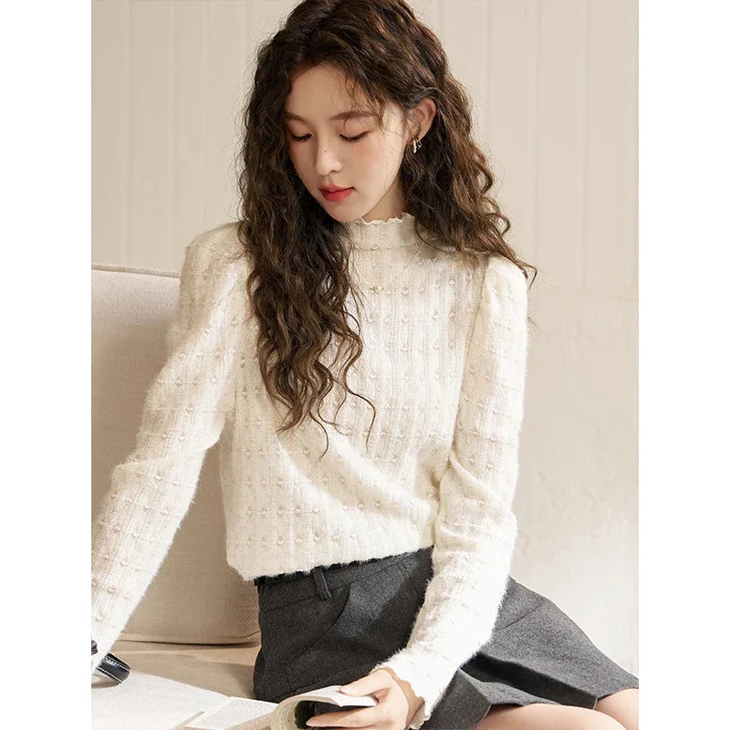 Lace Bottoming Shirt Women Autumn Winter Mock Neck Long Sleeve Knitted Pullover French Warm Inner Top Female MXC58Z0481