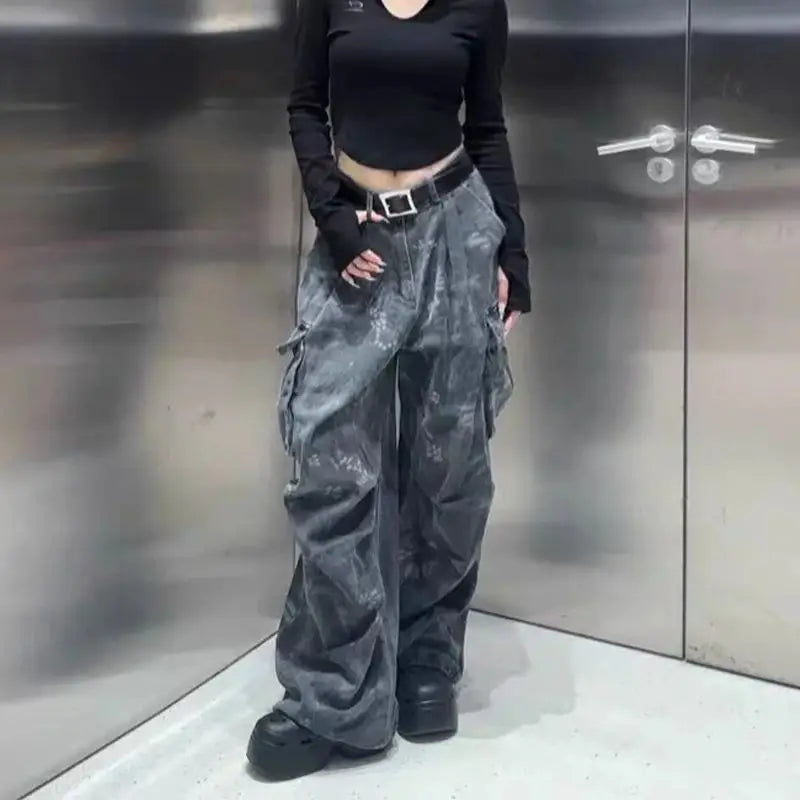 Loose Pocket Jeans Womens Cargo Workwear Camouflage American Style 2025 Autumn Winter High Waist Straight Leg Casual Pants