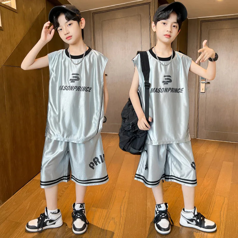 Summer Boys Quick-dry Glossy Alphabet T-Shirt Top+Shorts Sportswear Set School Kids 2PCS Tracksuit Children Jersey Outfit 5-16Yr