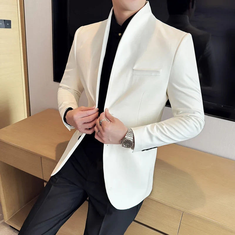 High Quality Cowhide Suede Suit Coats Men Fashion Slim Fit Stand Up Collar Business Casual Jacket Formal Groom Social Tuxedos