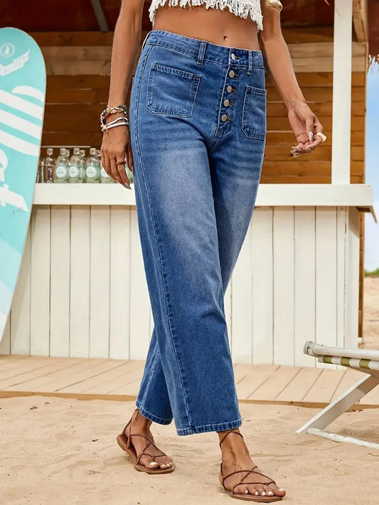 Women's Straight Leg Denim Jeans with Multi-Button Closure - Dark Wash Blue Denim Pants for Comfort and Style