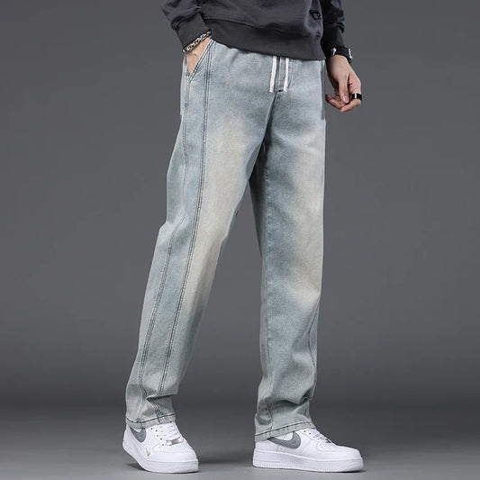 Autumn Winter Blue Jeans Men Drawstring Elastic Waist Cotton Cargo Denim Pants Work Fashion Thick Trousers Male Plus Size M-4XL