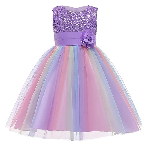 2026 Sequins Girls Dress Summer Flower Fashion Rainbow Mesh Little Princess Dresses For Piano Performance Costume Kids Clothes