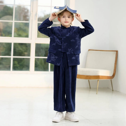 Chinese Style Boys Printed Suit Set 3 Pieces School Performance Wear Handsome Elegant Kids Tuxedo Birthday Party Sets 90-170cm