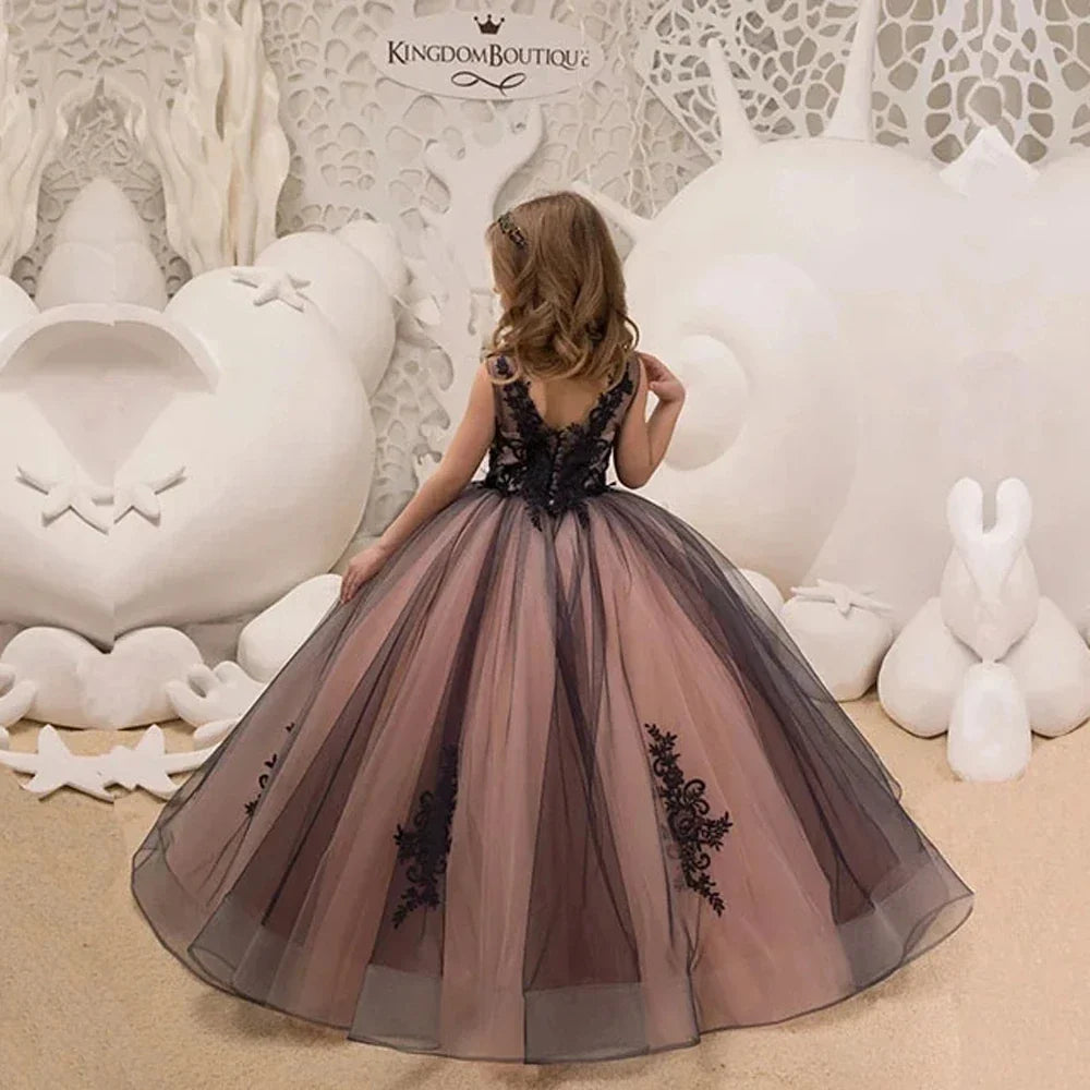 Pretty Dress Pink Flower Girl Dress Princess Lace Floral Appqulies Tulle Fluffy Skirt Floor Length Ball Gowns Comuunion Party