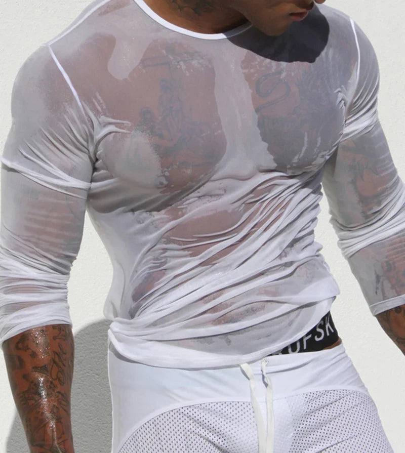 Sexy Unique Transparent T-shirt Men See Through Autumn Long Sleeve Tops Tees Undershirt Spring Slim Casual T Shirts Tshirts