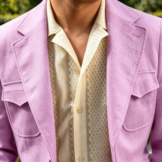 Classic Men's Linen Blazer Notched Lapel Slim Fit Breathable Elastic Suit Jacket with Flap Pockets for Wedding Prom Daily Wear