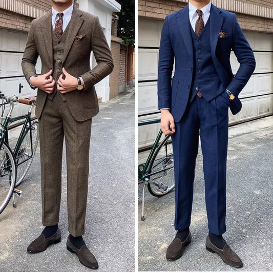 New Retro Herringbone Slim Fit Men's Suit Gentlemen's 3-piece Suit Single Breasted Handsome Autumn Winter Business Casual Formal
