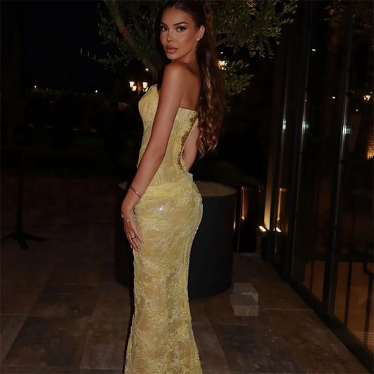 Lace Evening Dresses فساتين سهرة Vestidos De Festa Customized Yellow Mermaid Beautiful Prom Dresses Store Sexy 2025