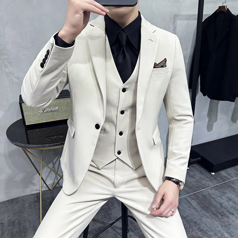 S-7XL Jacket Vest Pants Luxury Elasticity Boutique Fashion Men's Solid Color Casual Business Suit 3-piece Sets Groom Wedding