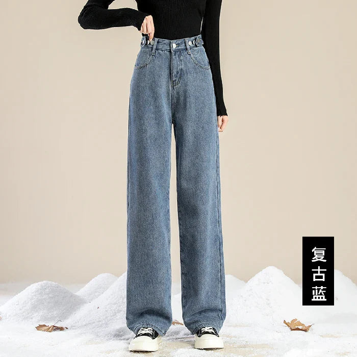 Winter Thick Warm Womens High Waist Jeans Fleece Lined Loose Fit Wide Leg Trousers Korean Style Stretchy Adjustable Waist Jeans
