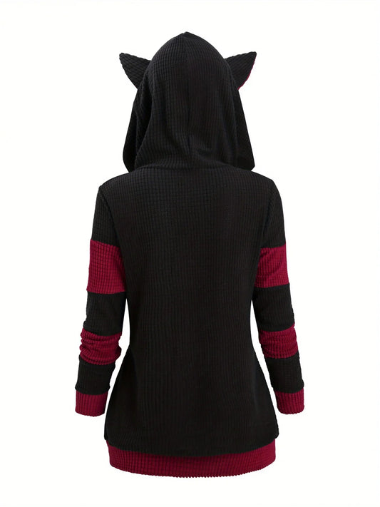 2024 European and American fashion women's new thick cat ears in autumn and winter long color matching hooded sweater coat